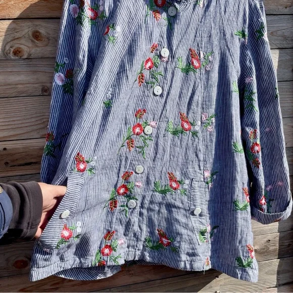 John.Mark linen button down collar loose fit embroidered top - Picture 4 of 12